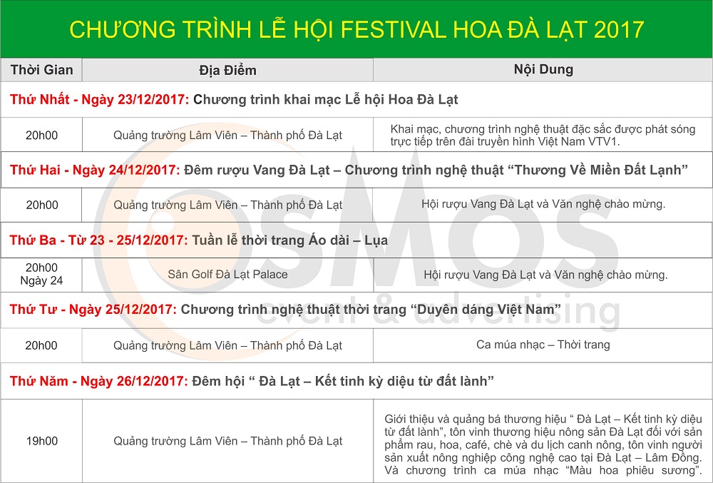 Chương trình chi tiết lễ hội Festival Hoa Đà Lạt Lần VII - 2017